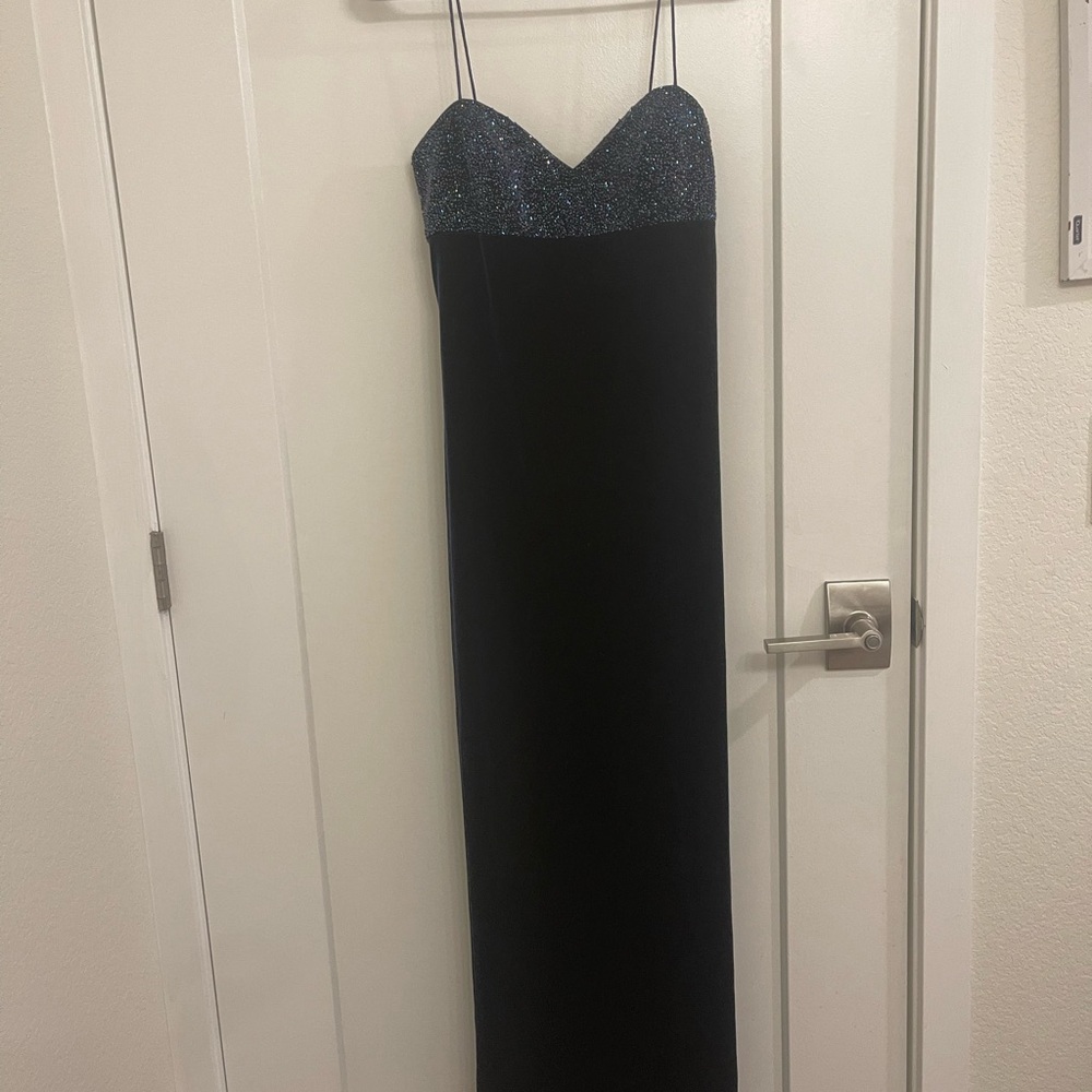 Vintage Old Money Holiday Ball Formal Beaded 90s Faux Velvet Navy Dress Cocktail